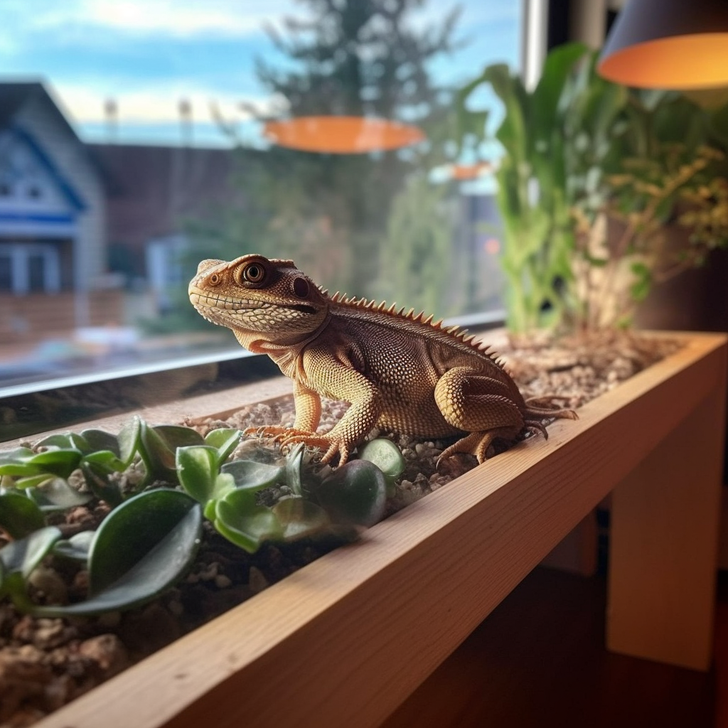 A bearded dragon in it home environment looking out a window
