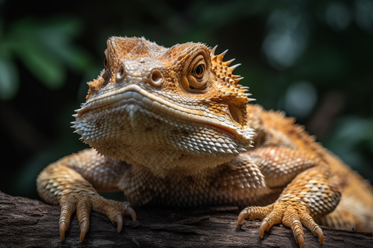 bearded dragon sitting on a log in nature calmly