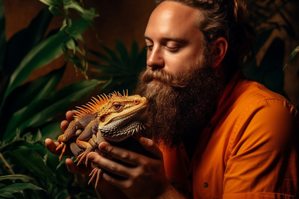 a man caring for his bearded dragon at home